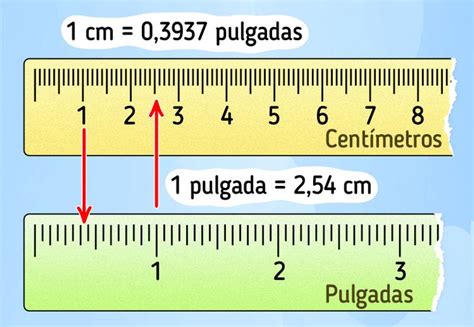 Para convertir de pies y pulgadas a centímetros, utilice las siguientes dos ecuaciones de conversión: 1 pulgada = 2.54 cm . y 1 pie = 12 pulgadas . Tabla de conversión . La siguiente es la tabla de conversión de pies y pulgadas a centímetros de 1 pie a 6 pies y 11 pulgadas.